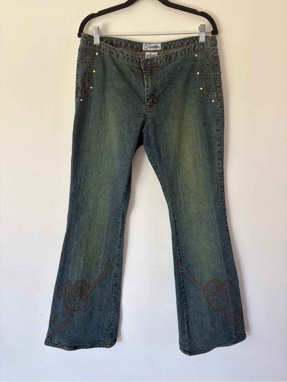Gasoline Vintage Y2K Embroidered Pearl Beaded Flare Leg Low Rise Stretch Jeans‎